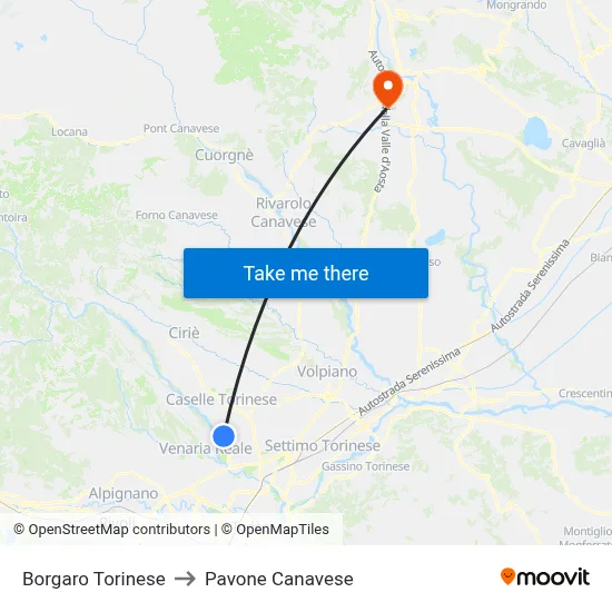Borgaro Torinese to Pavone Canavese map