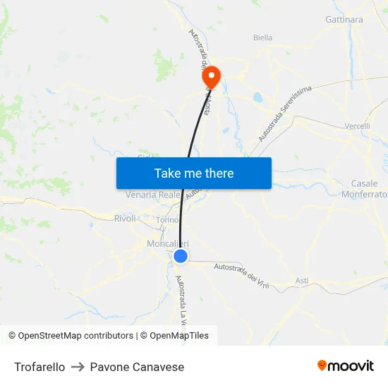 Trofarello to Pavone Canavese map