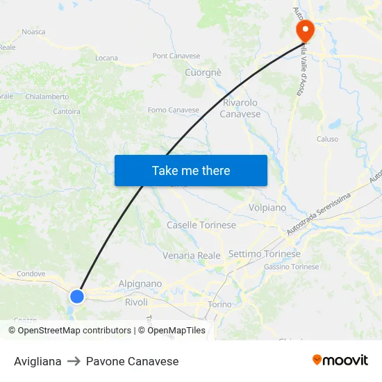 Avigliana to Pavone Canavese map