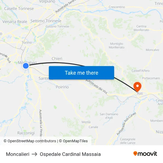 Moncalieri to Cardinal Massaia Hospital map
