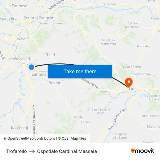 Trofarello to Cardinal Massaia Hospital map