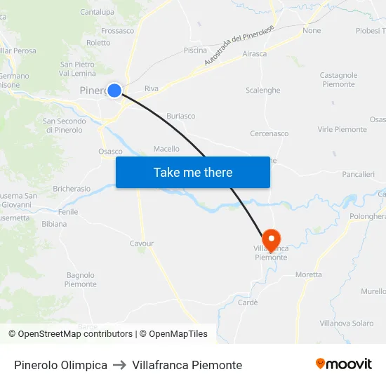 Pinerolo Olympic to Villafranca Piemonte map