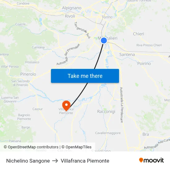 Nichelino Sangone to Villafranca Piemonte map