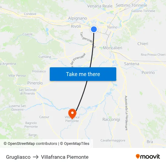 Grugliasco to Villafranca Piemonte map