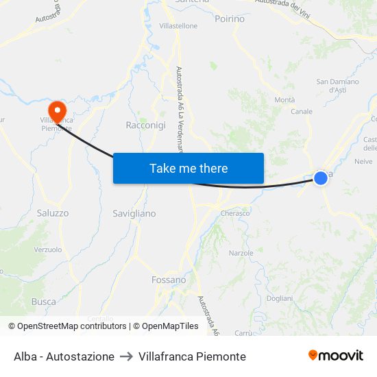 Alba - Autostazione to Villafranca Piemonte map