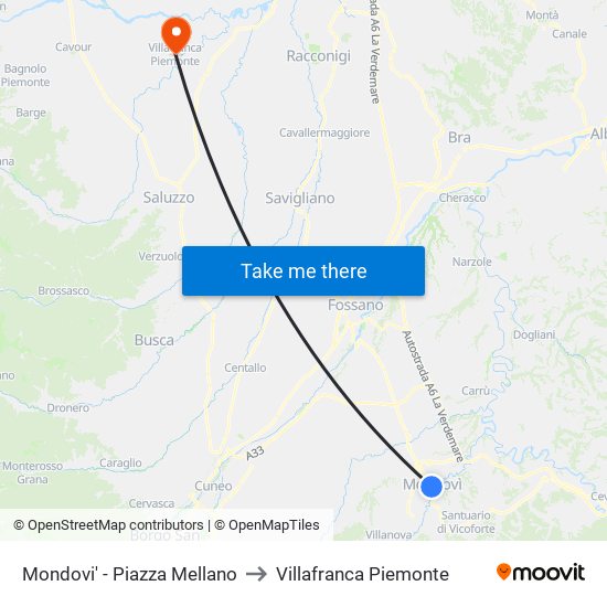 Mondovi' - Piazza Mellano to Villafranca Piemonte map