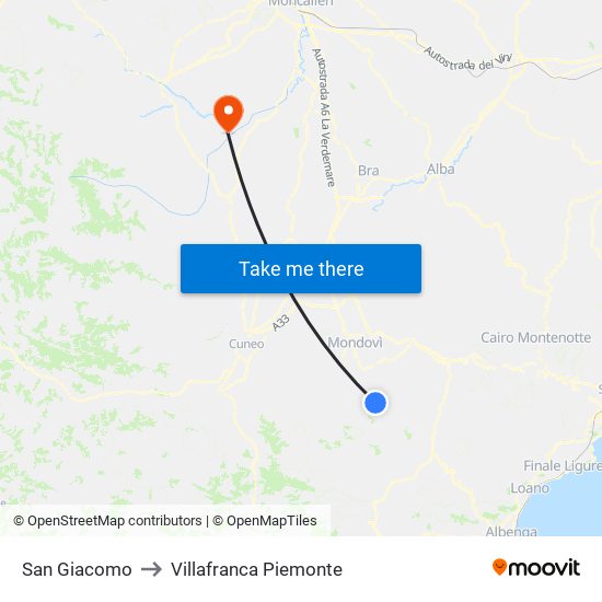 San Giacomo to Villafranca Piemonte map