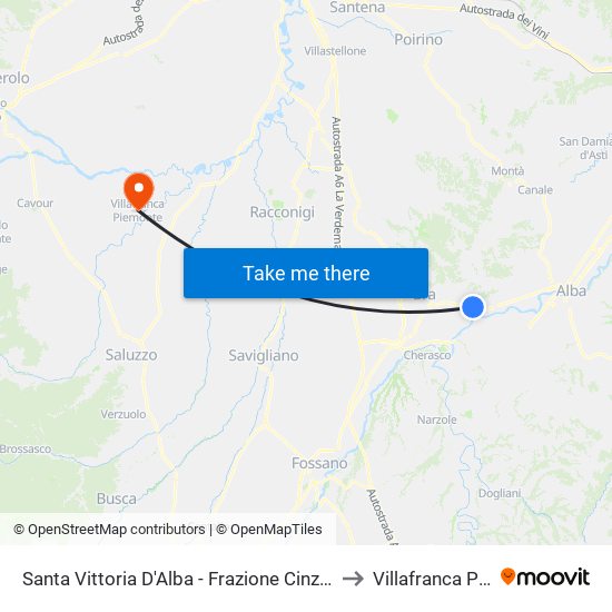 Santa Vittoria D'Alba - Frazione Cinzano - Bar Le Betulle to Villafranca Piemonte map