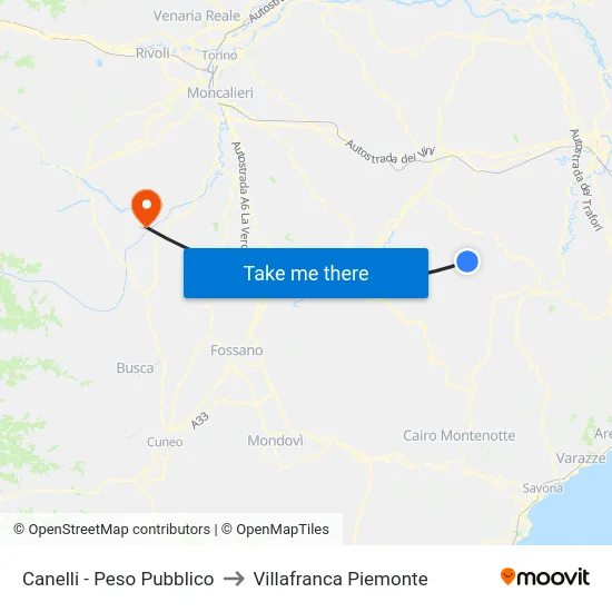 Canelli - Peso Pubblico to Villafranca Piemonte map