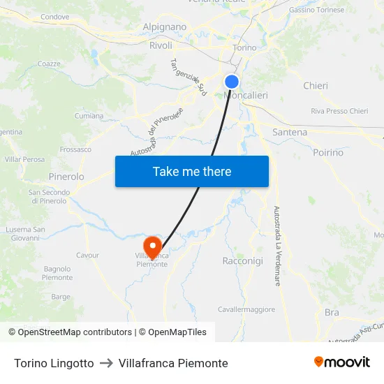 Turin Lingotto to Villafranca Piemonte map