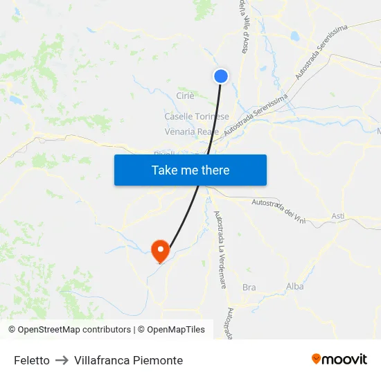 Feletto to Villafranca Piemonte map
