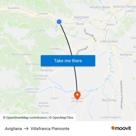 Avigliana to Villafranca Piemonte map