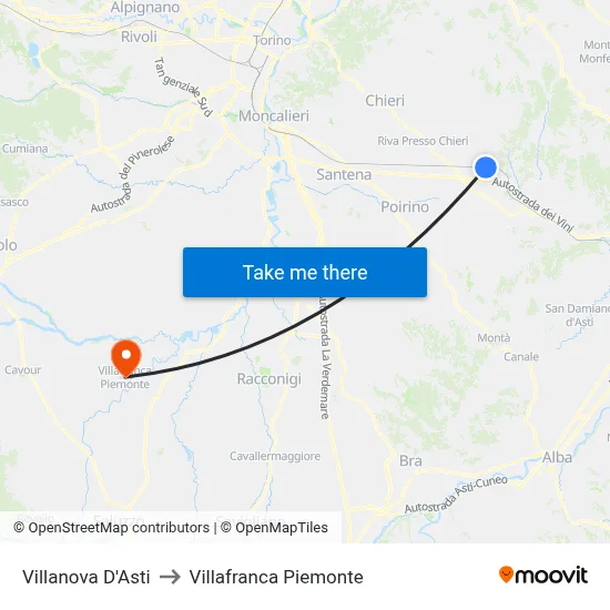 Villanova D'Asti to Villafranca Piemonte map