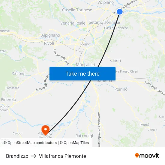 Brandizzo to Villafranca Piemonte map