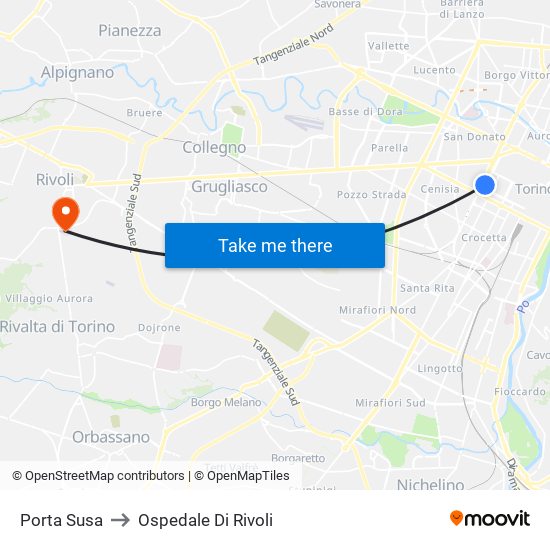 Porta Susa to Ospedale Di Rivoli map