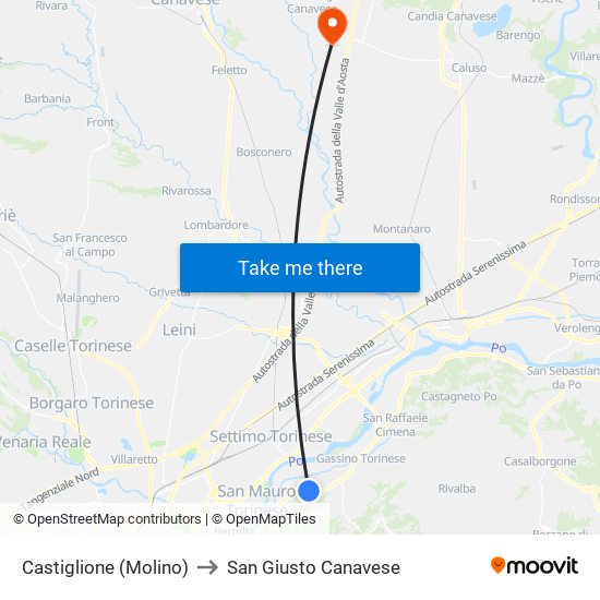 Castiglione (Molino) to San Giusto Canavese map