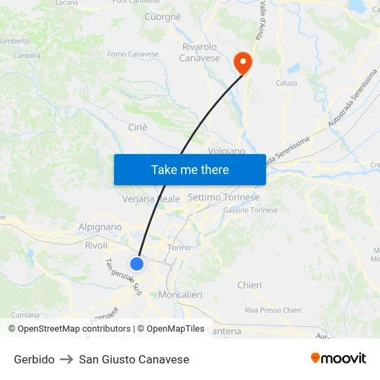 Gerbido to San Giusto Canavese map