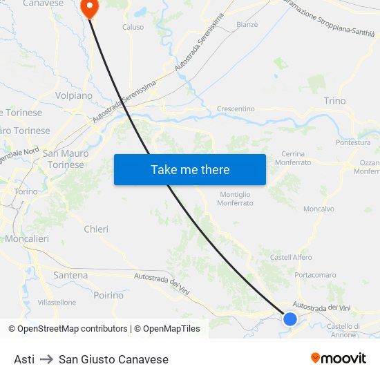 Asti to San Giusto Canavese map