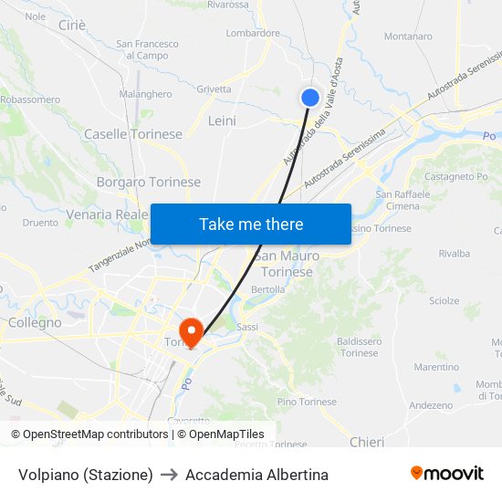 Volpiano (Stazione) to Accademia Albertina map