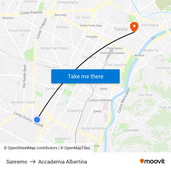 Sanremo to Accademia Albertina map