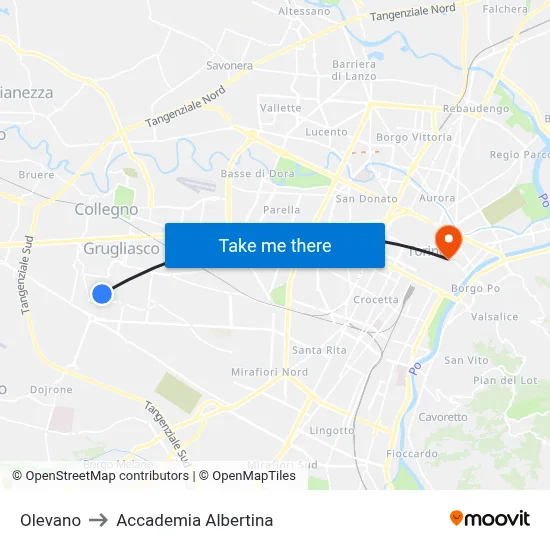 Olevano to Accademia Albertina map