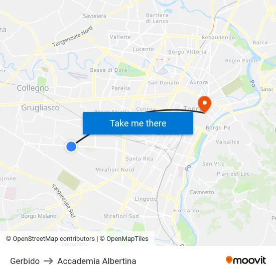 Gerbido to Accademia Albertina map