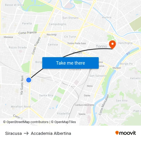 Siracusa to Accademia Albertina map