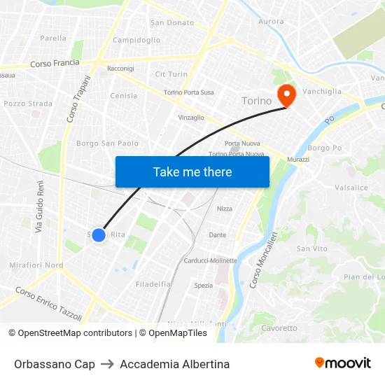 Orbassano Terminal to Accademia Albertina map