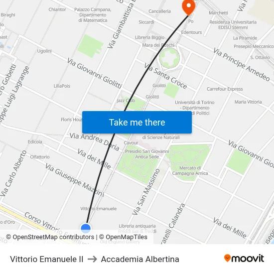 Vittorio Emanuele II to Accademia Albertina map