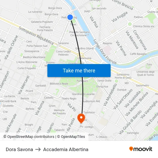 Dora Savona to Accademia Albertina map