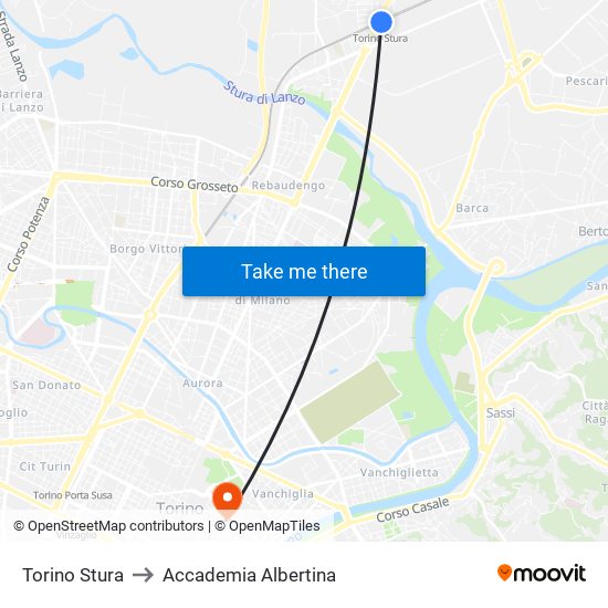 Torino Stura to Accademia Albertina map