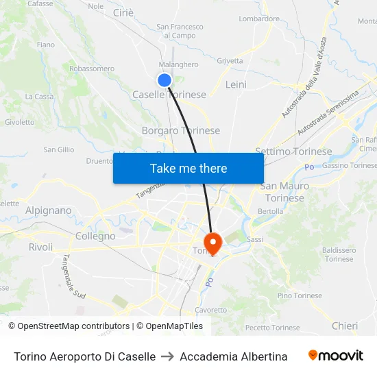 Turin Caselle Airport to Accademia Albertina map