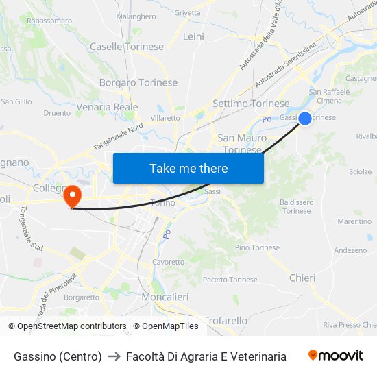 Gassino (Centro) to Facoltà Di Agraria E Veterinaria map