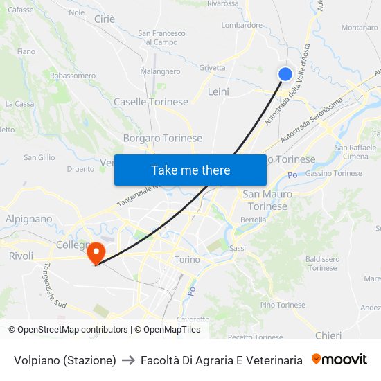 Volpiano (Stazione) to Facoltà Di Agraria E Veterinaria map