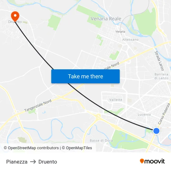 Pianezza to Druento map