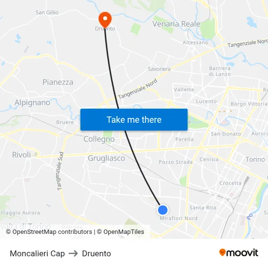 Moncalieri Cap to Druento map