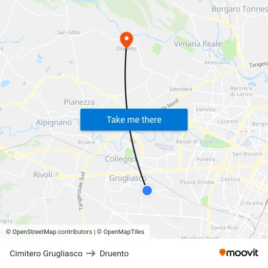 Cimitero Grugliasco to Druento map