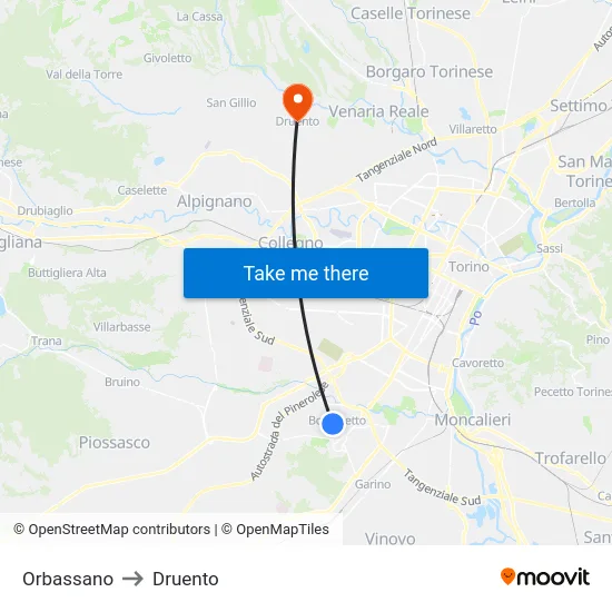 Orbassano to Druento map
