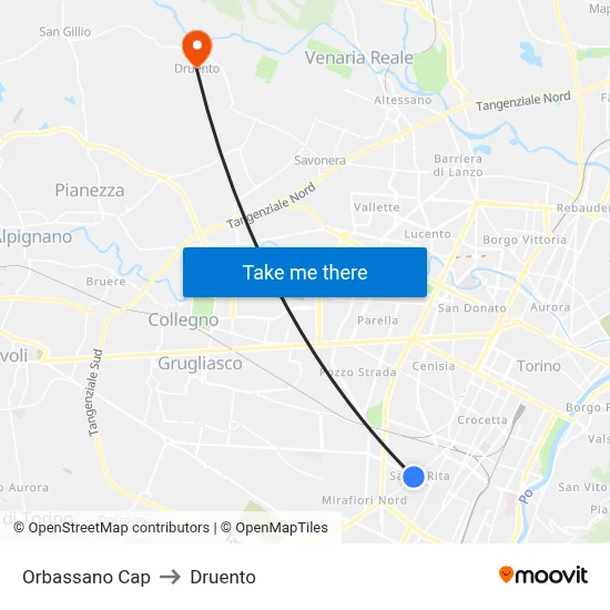 Orbassano Terminal to Druento map