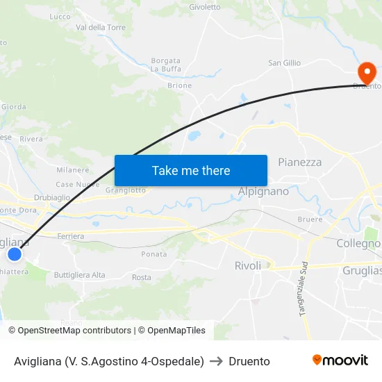 Avigliana (V. S.Agostino 4-Ospedale) to Druento map