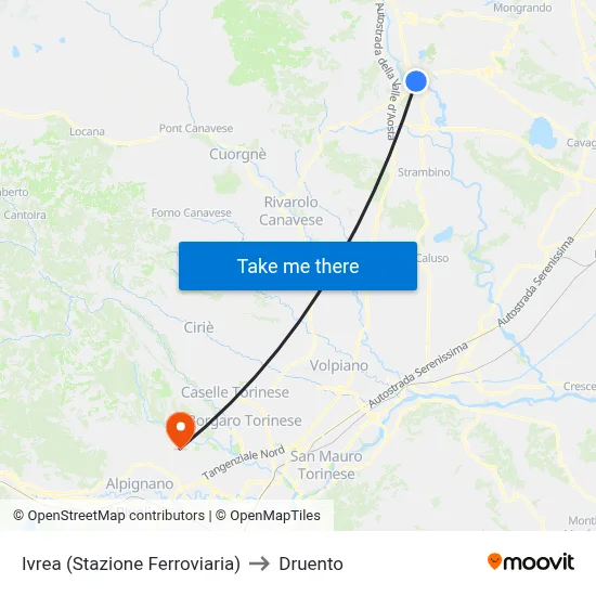 Ivrea (Railway Station) to Druento map