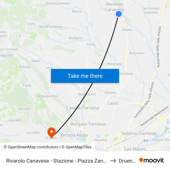 Rivarolo Canavese - Stazione - Piazza Zanotti to Druento map