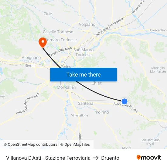 Villanova D'Asti - Stazione Ferroviaria to Druento map