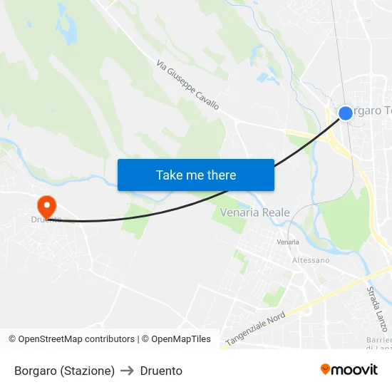 Borgaro (Stazione) to Druento map