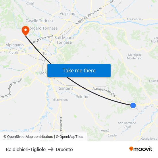 Baldichieri-Tigliole to Druento map