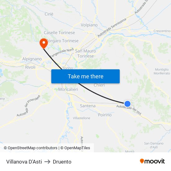 Villanova D'Asti to Druento map