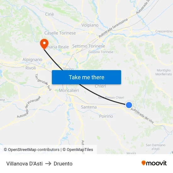 Villanova D'Asti to Druento map