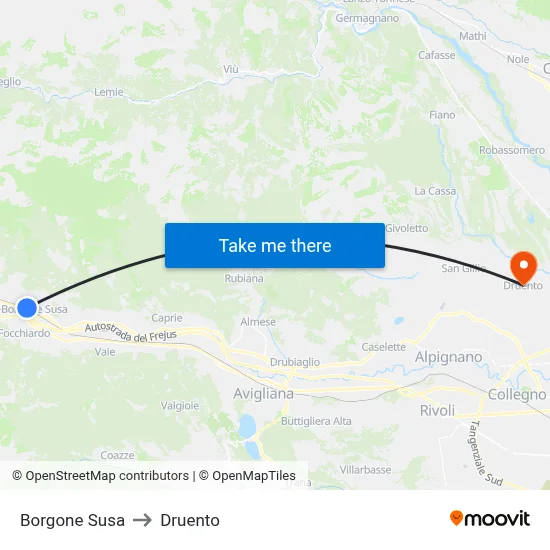Borgone Susa to Druento map