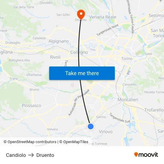 Candiolo to Druento map