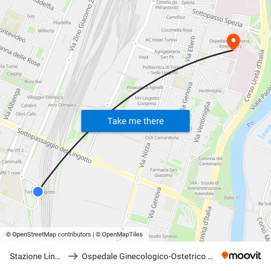 Stazione Lingotto to Ospedale Ginecologico-Ostetrico Sant'Anna map